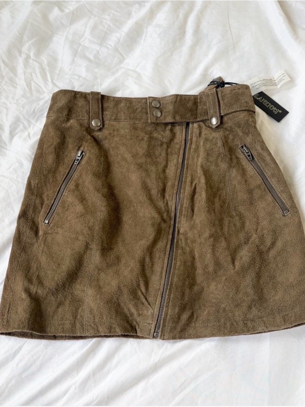Blank NYC Brown Suede Leather Zip Front Mini Skirt